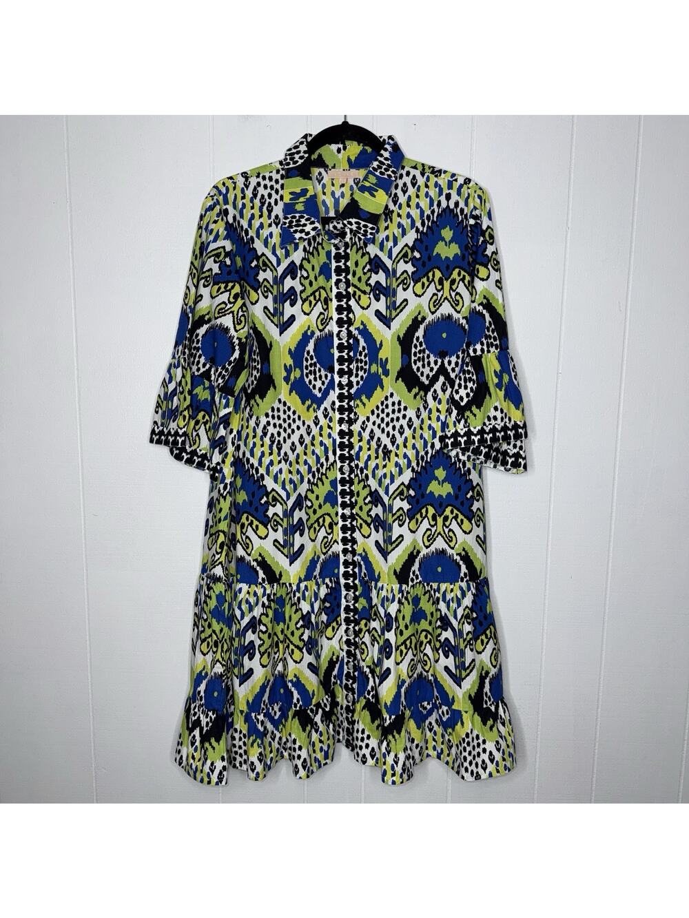 Azure And Indigo Women’s Ikat Shirt Dress Lime Green Blue Size Large
